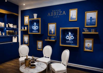 Pour Maison Abriza, des hélices holographiques intégrées aux cloisons du stand diffusaient le logo et les parfums modélisés en 3D lors d'un salon à Villepinte.